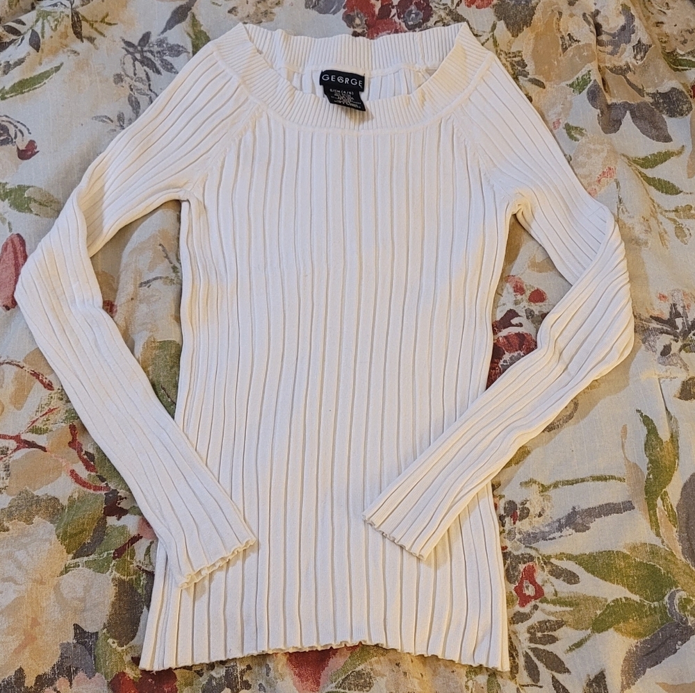 White Ribbed Long Sleeve Top